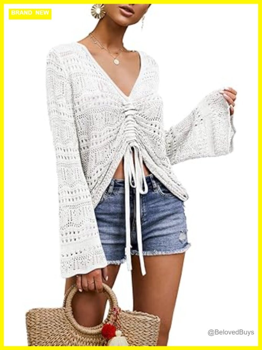 Off Shoulder Sheer Crop Top Bell Sleeve Flowy Pullover Sweater